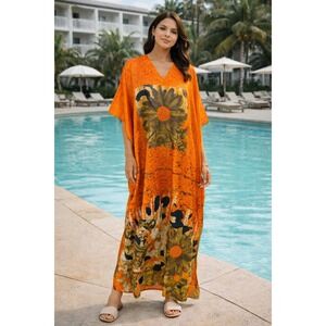 AS HRO Orange Floral Print Maxi Kaftan Dress Free Size